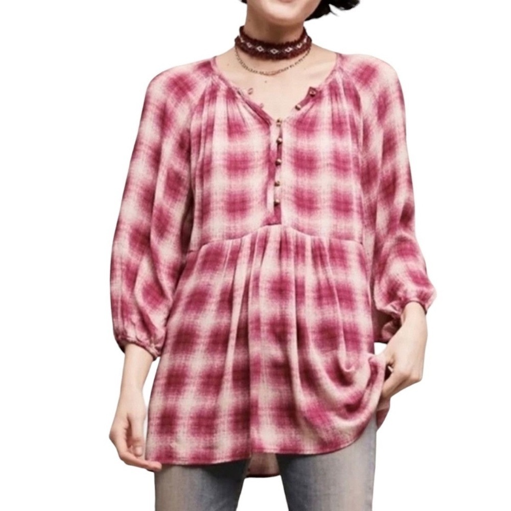 Anthropologie Maeve Cavalon Plaid Quarter Sleeve Loose Fit Babydoll Top Size S